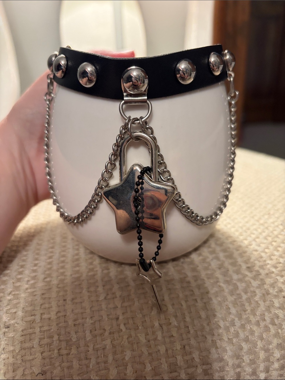 Hot Topic Black Studded Choker with Silver Star & Chains